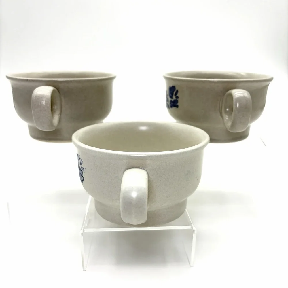 Pfaltzgraff Yorktowne Blue Floral Flat Coffee Cup/ Soup Bowl Vintage Set of 3